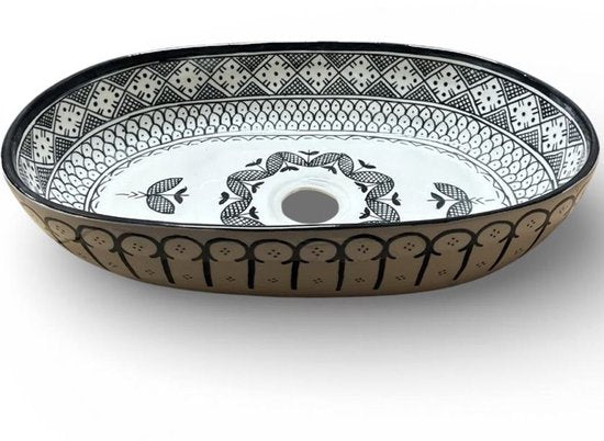 Handgemaakte Marokkaanse Waskom – Opbouw Wastafel - Geometrisch - Keramiek - Ovaal - 45 x 29 cm - Zwart& Wit