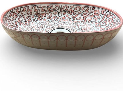 Handgemaakte Marokkaanse Waskom - Opbouw Wastafel - Keramiek - Ovaal - 39 x 29 cm - Roze & Wit