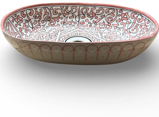 Marokkaanse waskom roze-wit – ovale opbouw wasbak van keramiek, 39 x 29 cm – foto 2