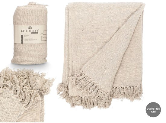 Pompon-Decke - Baumwollplaid - Große Wohndecke für Sofa und Bett - Dekorative Tagesdecke - Weiche Baumwolldecke - 180x220 cm - Natur