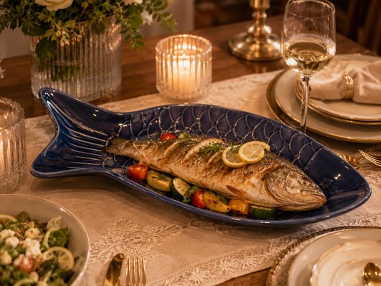 Serveerschaal - Visvormige Serveerplaat - Serveerbord - Steengoed Schaal voor Vis, Sushi, Tapas & Hapjes - Vaatwasser- & Magnetronbestendig - 30,7 x 16,3 cm - Blauw