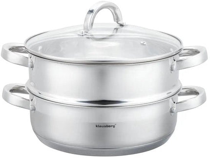 Klausberg - Stoompan - 3-delige RVS Stoomkookset - Stoominzet - Glazen Deksel - Inductie - Gas - Elektrisch - RVS - 3.5 Liters - 24 x 8.5 cm - Zilver