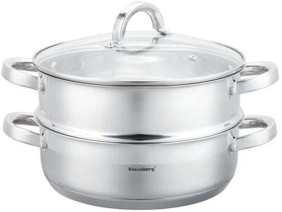 Klausberg - Stoompan - 3-delige RVS Stoomkookset - Stoominzet - Glazen Deksel - Inductie - Gas - Elektrisch - RVS - 3.5 Liters - 24 x 8.5 cm - Zilver