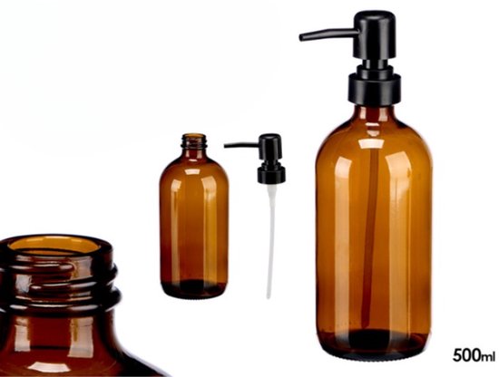Flaschenpumpe - Spender - 2er-Set - Rund - Kristall-Spender mit schwarzer Pumpe - 500 ml - 7,4 x 9,5 x 21,4 cm - Braun-Schwarz