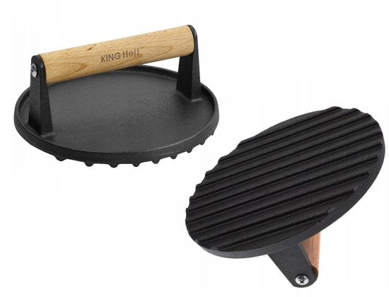 Kinghoff Gietijzeren Hamburgerpers Ø18 cm – Vleesprasser met Houten Handvat – Model KH-1759