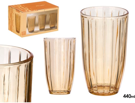 Wasserglas - Cocktailglas - Saftglas - Geripptes Trinkglas - Gestreiftes Glas - 6er-Set - Vintage Wasserglas - 440ml - 8,2 x 8,2 x 14,2 cm - Bernstein