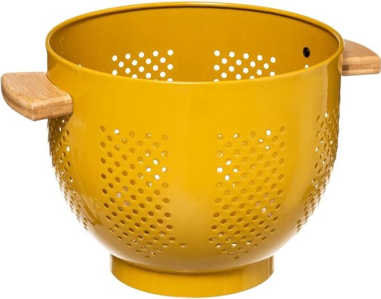 Passoire/tamis sur pied jaune 22 x 18,5 cm en fer avec poignées en bambou - Passoires de cuisine