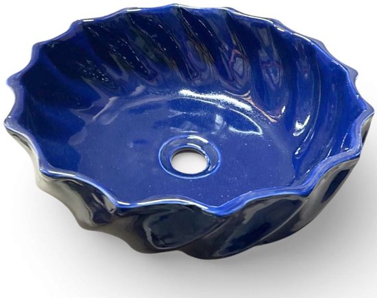 Handgemaakte Marokkaanse Waskom - Opbouw Wastafel - Uniek Design - Keramiek - Ø35 x 11 cm - Donkerblauw