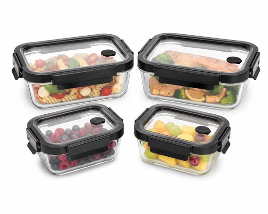 Vershoudbakjes Glas Set van 4 - Meal Prep Bakjes - Glazen Lunchbox met Deksel - 2 x 0,5 L & 2 x 1,3 L