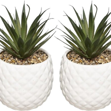 Kunst Ananas Plant in Pot - Set van 2 - Decoratieve Kamerplant - Kunstplant met Keramische Pot - Tafeldecoratie Woonkamer - Onderhoudsvrije Plant - Dolomiet - 13 x 13 x 21 cm - Wit
