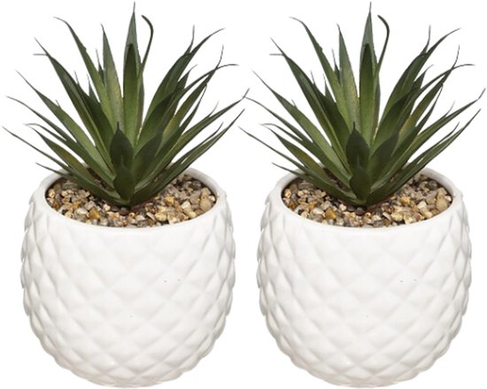 Kunst Ananas Plant in Pot - Set van 2 - Decoratieve Kamerplant - Kunstplant met Keramische Pot - Tafeldecoratie Woonkamer - Onderhoudsvrije Plant - Dolomiet - 13 x 13 x 21 cm - Wit