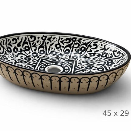 Handgemaakte Marokkaanse Waskom - Opbouw Wastafel Design - Keramiek - Ovaal - 45 x 29 cm - Zwart & Wit