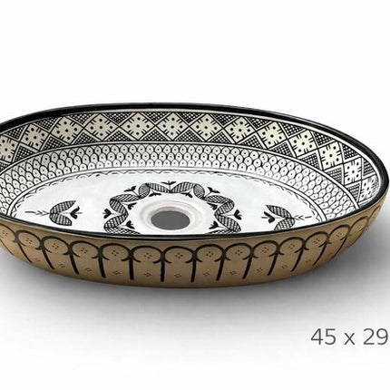 Handgemaakte Marokkaanse Waskom – Opbouw Wastafel - Geometrisch - Keramiek - Ovaal - 45 x 29 cm - Zwart& Wit