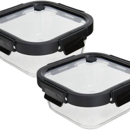 Vershoudbakjes - Set van 2 - Bewaarbakjes met Deksel - Magnetronbestendige Lunchbox - Voedselcontainer - Vierkante - 750ml - Borosilicaat Glas - 17.2 x 17.2 x 7.3 cm - Transparante en Zwart Deksel