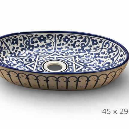 Handgemaakte Marokkaanse Waskom - Opbouw Wastafel - Keramiek - Ovaal - 45 x 29 cm - Blauw Wit