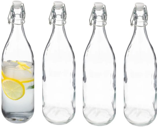 5Five Beugelfles/weckfles - 4x - glas - transparant - luchtdicht - 1 liter - waterfles - limonade