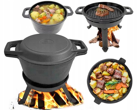 Kinghoff Gietijzeren Dutch Oven 10L – 3-in-1 Outdoor Kookset | Stoofpot, Grill en Kampvuurpan
