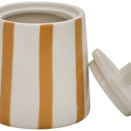 Wattenschijfjeshouder Strio Keramiek Hoog - 12.8 cm Beige – Badkamer Organizer Met Deksel - Wattenhouder - Badkamer Bakje inclusief deksel