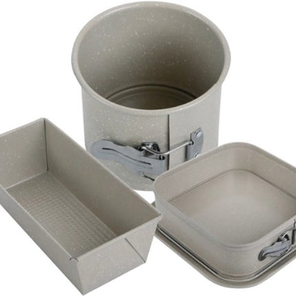 Bakvormen Set - Cakepan - 3-Delig Bakvormen Set - 26 x 11.5 x 7.5 cm Rechthoekige Baktray + Ø12cm Ronde Cakepan + 27.5cm Vierkante Bakvorm - Carbon Staal - Marmeren Anti-aanbaklaag - Beige-Grijs