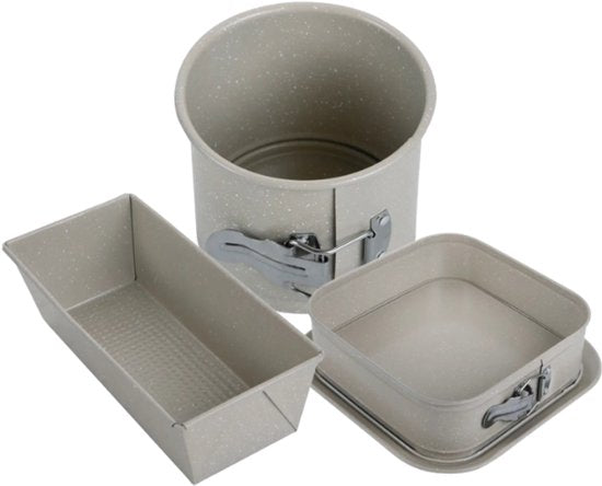 Backformen-Set - Kuchenform - 3-teiliges Backformen-Set - 26 x 11,5 x 7,5 cm rechteckige Backform + Ø 12 cm runde Kuchenform + 27,5 cm quadratische Backform - Karbonstahl - marmorierte Antihaftbeschichtung - Beigegrau