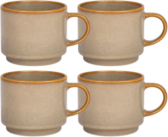 MPLCo - Stack Mok - Koffiemok met Reactieve Glazuur Handgemaakt Design - Set van 4 - Theemok - Modern Minimalistisch Servies - voor Koffie Thee Espresso - Vaatwasserbestendig - Keramiek - 350 ml - Grijs / Beige met Bruine Tinten