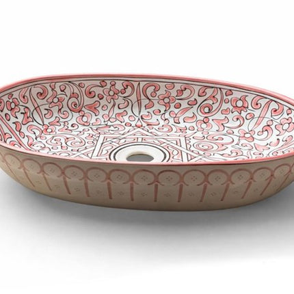 Handgemaakte Marokkaanse Waskom - Opbouw Wastafel - Keramiek - Ovaal - 39 x 29 cm - Roze & Wit