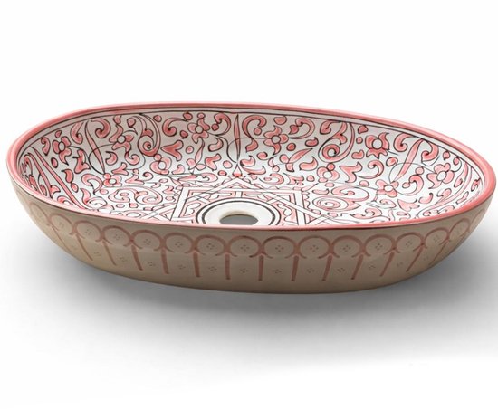Handgemaakte Marokkaanse Waskom - Opbouw Wastafel - Keramiek - Ovaal - 39 x 29 cm - Roze & Wit