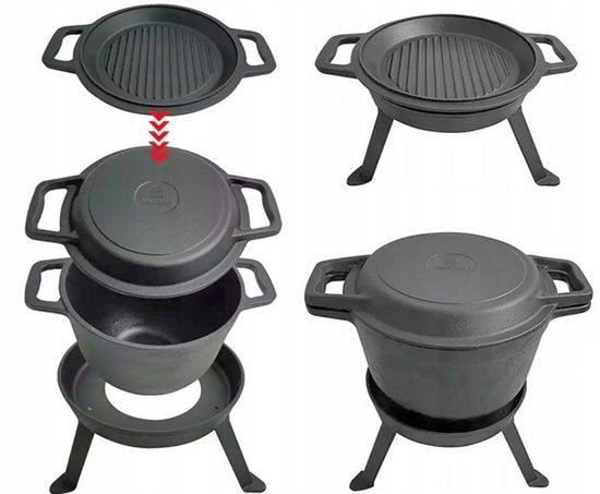 Kinghoff Gietijzeren Dutch Oven 10L – 3-in-1 Outdoor Kookset | Stoofpot, Grill en Kampvuurpan