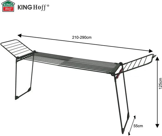 Kinghoff Foldable Drying Rack XXL – Up to 25 kg – 210-290 cm – Black