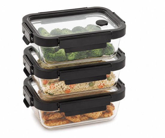 Vershoudbakjes Glas Set van 3 - Meal Prep Bakjes 370ml - Glazen Lunchbox met Deksel - Vershouddoos - Zwart
