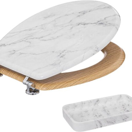 Léa Badkameraccessoiresset - Badkamer Accessoires Set - WC Bril met Toilet Accessoires Set - Toiletzitting HDF - Rechthoekige Tray Polyresin - Wit