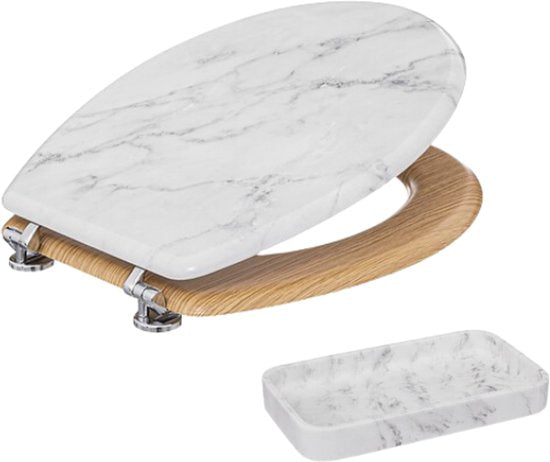 Léa Badezimmer-Accessoire-Set – Badezimmer-Accessoire-Set – WC-Sitz mit WC-Accessoire-Set – Toilettensitz HDF – Rechteckiges Tablett Polyresin – Weiß