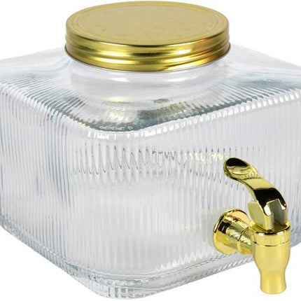 MPLCo - Drankdispenser - Limonadetap - Sapdispenser - Glazen Drankkan met Deksel - Glazen Drankdispenser met Kraantje - Waterdispenser voor Koelkast - Geribbeld Glas - 3 Liters - 19 x 19 x 14 cm - Transparant & Goud