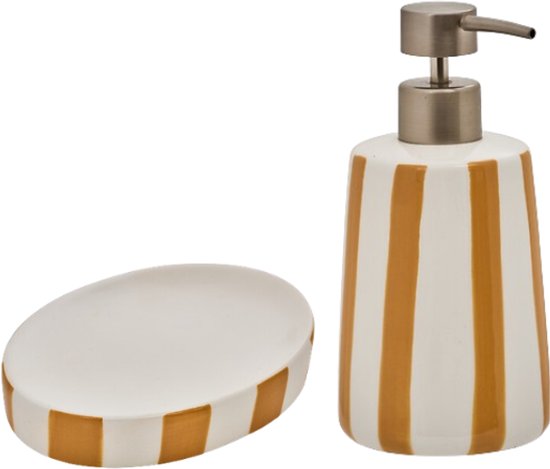Badkameraccessoiresset - Stijlvolle Badkamer Accessoires - Strio Zeepdispenser 17.3 cm & Zeepbakje 13.3 cm - Keramisch Dolomiet – Geel & Wheat