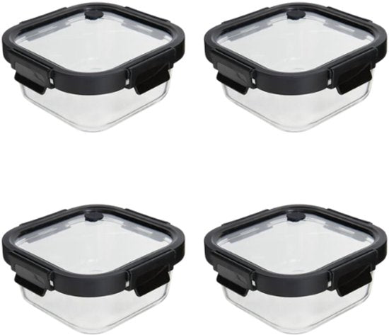 Vershoudbakjes - Set van 4 - Bewaarbakjes met Deksel - Magnetronbestendige Lunchbox - Voedselcontainer - Vierkante - 750ml - Borosilicaat Glas - 17.2 x 17.2 x 7.3 cm - Transparante en Zwart Deksel