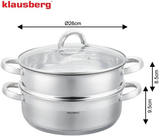Klausberg - Stoompan - 3-delige RVS Stoomkookset - Stoominzet - Glazen Deksel - Inductie - Gas - Elektrisch - RVS - 4. 6 Liters - 26 cm - Zilver
