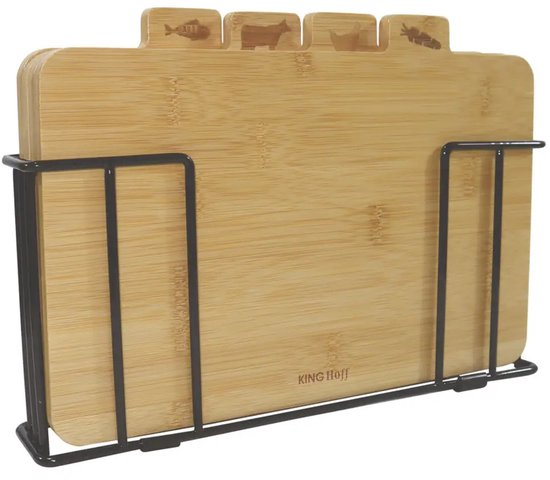Kinghoff - 4 Delige Snijplank - Snijplanken met Standaard - Keuken Snijplankenset - Vlees, Vis, Gevogelte & Groenten - Bamboe - 28,5 x 20 cm