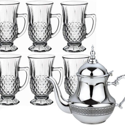 Hakal - Marokkaanse Theepot & Drinkglazen Set - 1.8L - RVS Theepot - 6 Drinkglazen met Handvat 125ml - Transparant & Zilver