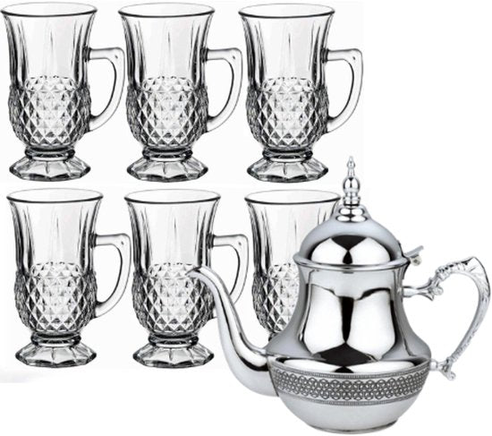 Hakal Marokkaanse theepot set – RVS theepot 1 liter en 6 glazen met handvat