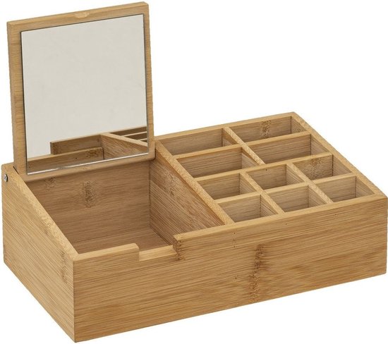 Make-up-Organizer 11 Fächer mit Spiegel 24,5 x 8 cm aus Bambus – Nagellackhalter – Make-up-Halter – Organizer