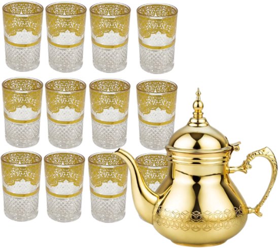 Hakal Sultana Marokkaanse theeset – Arabische theepot RVS 1,5 L en 12 glazen
