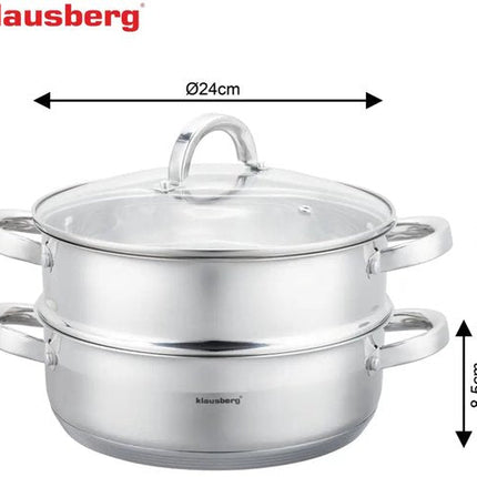 Klausberg - Stoompan - 3-delige RVS Stoomkookset - Stoominzet - Glazen Deksel - Inductie - Gas - Elektrisch - RVS - 3.5 Liters - 24 x 8.5 cm - Zilver