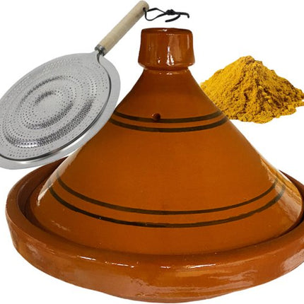 Marokkaanse authentieke aardewerk tajine 30 cm + Kruiden en vlamverdeler