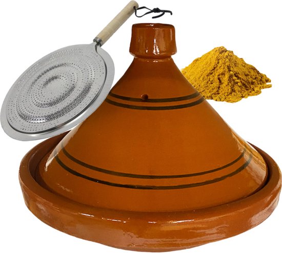 Marokkaanse authentieke aardewerk tajine 30 cm + Kruiden en vlamverdeler