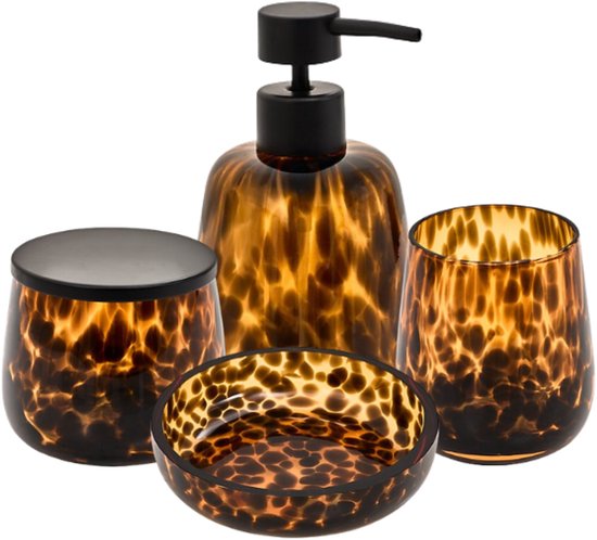 Dotty badkameraccessoires set van bruin glas – 4-delig, met zeepdispenser