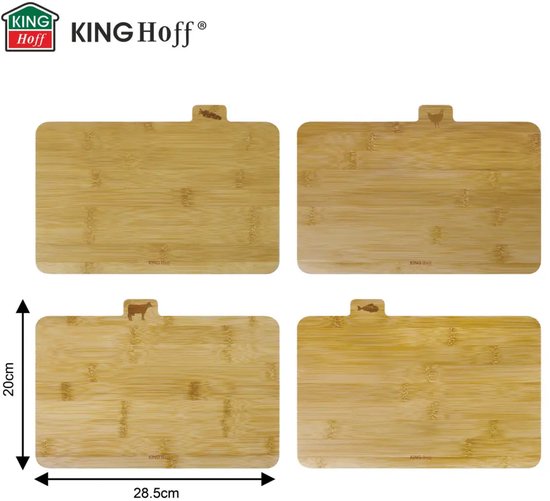 Kinghoff - 4 Delige Snijplank - Snijplanken met Standaard - Keuken Snijplankenset - Vlees, Vis, Gevogelte & Groenten - Bamboe - 28,5 x 20 cm
