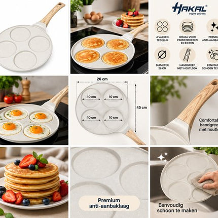 Hakal Pannenkoekenpan met 4 kop - Vakken – Ø26 cm – Anti-aanbaklaag – Pancake & Eierpan – Houtlook Handgreep – Crème