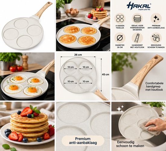 Hakal Pannenkoekenpan met 4 kop - Vakken – Ø26 cm – Anti-aanbaklaag – Pancake & Eierpan – Houtlook Handgreep – Crème