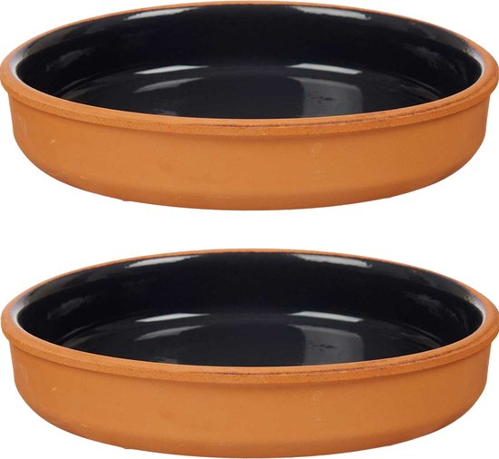 La Dehesa Tapas serveerschaal - 2x stuks - terracotta - zwart - D23 x H4 cm - hapjes serveren - ovenschaal - rond