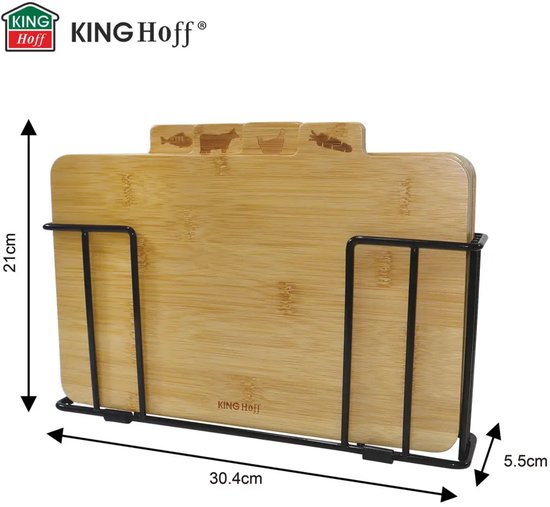 Kinghoff - 4 Delige Snijplank - Snijplanken met Standaard - Keuken Snijplankenset - Vlees, Vis, Gevogelte & Groenten - Bamboe - 28,5 x 20 cm